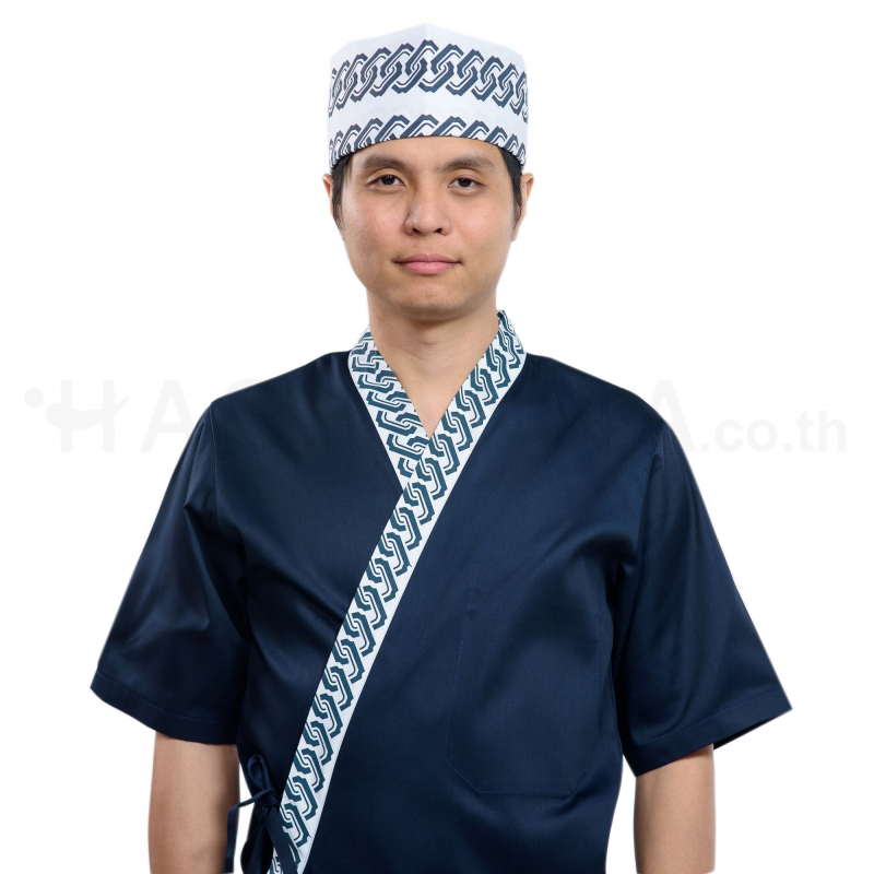 White Sushi Chef Coat with Chain Pattern Collar