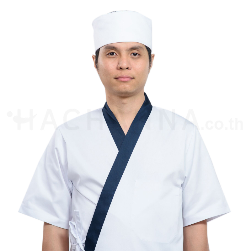White Sushi Chef Coat with Navy Collar