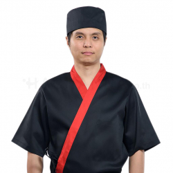 เสื้อเชฟญี่ปุ่นสีดำขอบแดง L