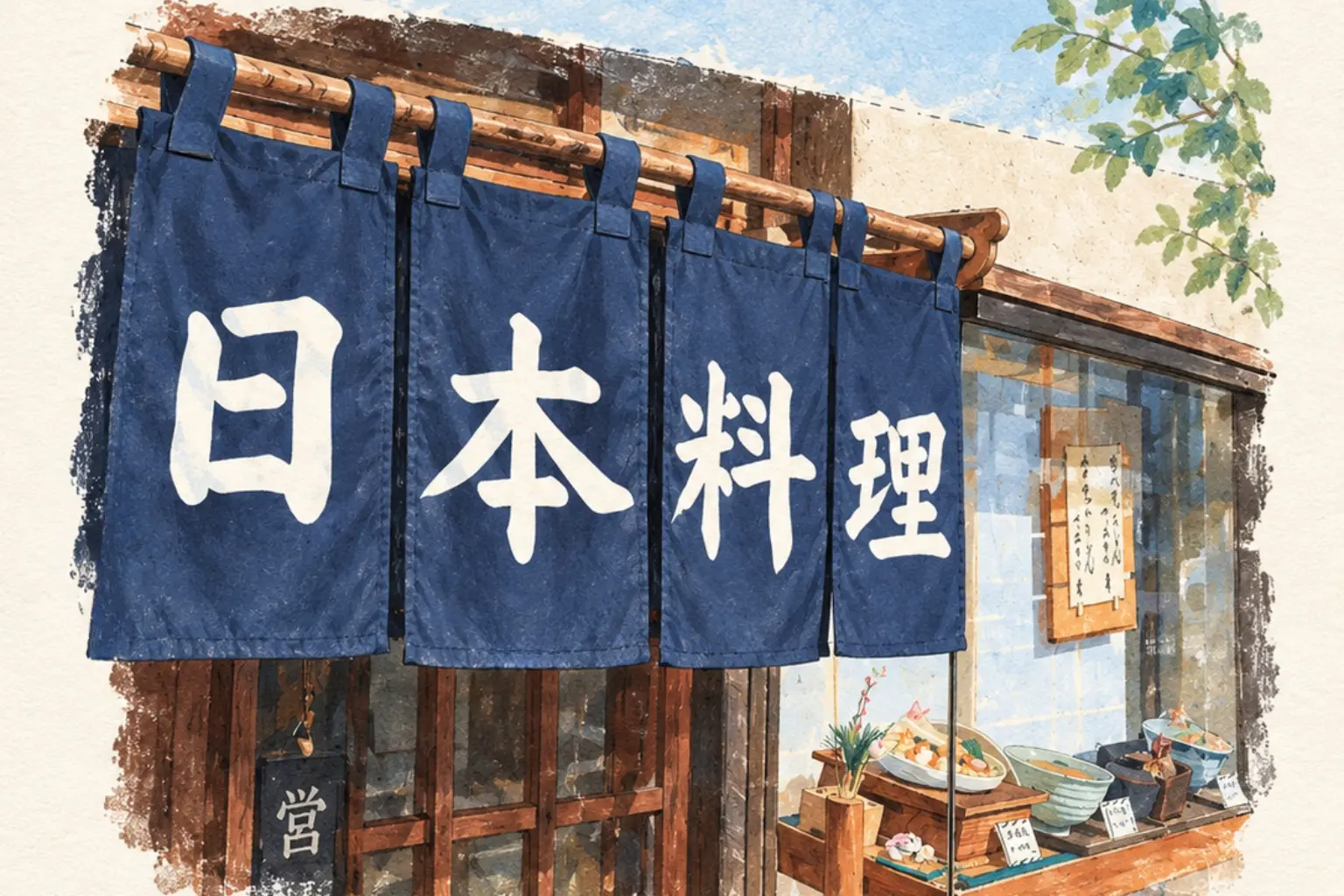 ผ้าม่านโนเรนสีน้ำเงิน ตัวอักษร 日本料理 หน้าร้านอาหารญี่ปุ่น