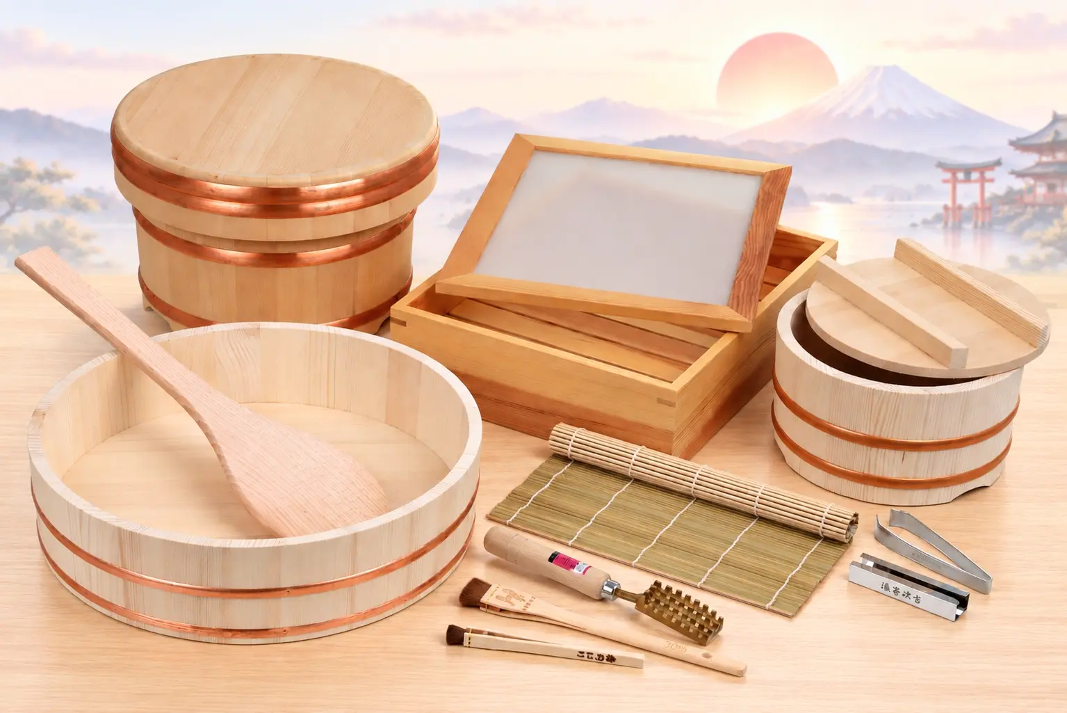 ถังผสมข้าวซูชิ ทัพพีไม้ และเสื่อม้วนซูชิ ที่ขอดเกล็ด กล่องไม้เก็บปลา