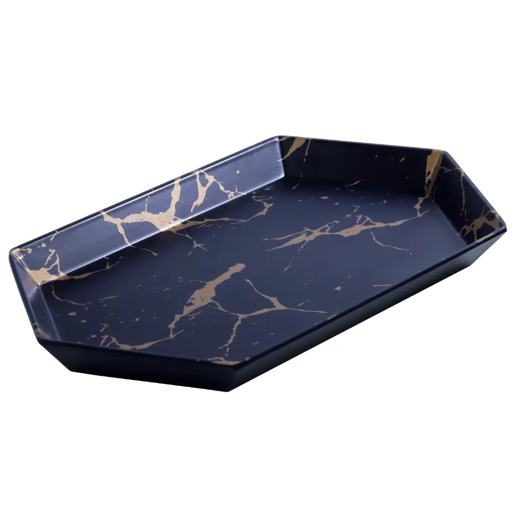Melamine Long Hexagon Plate 12.75" (Black Marble, 20-003)